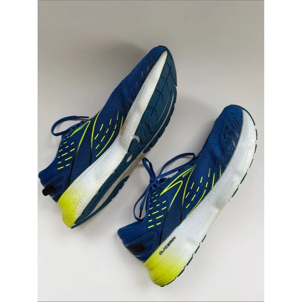 Brooks Blue Glycerin Running Shoes Bright Yellow Soles Men’s 10.5